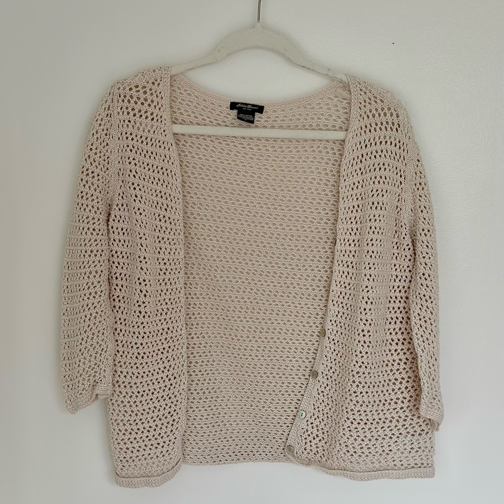 Cream Open-Knit Cardigan with Pearlescent Buttons